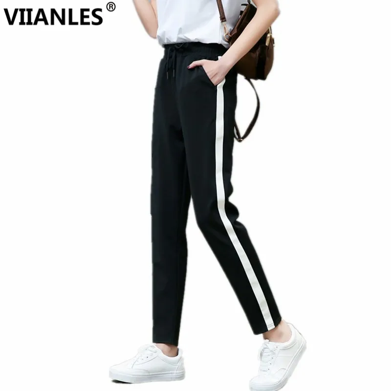 

VIIANLES Spring Sweatpants Women Casual Harem Pants Loose Trousers For Women Black Striped Side Sweat Pants Female XXL