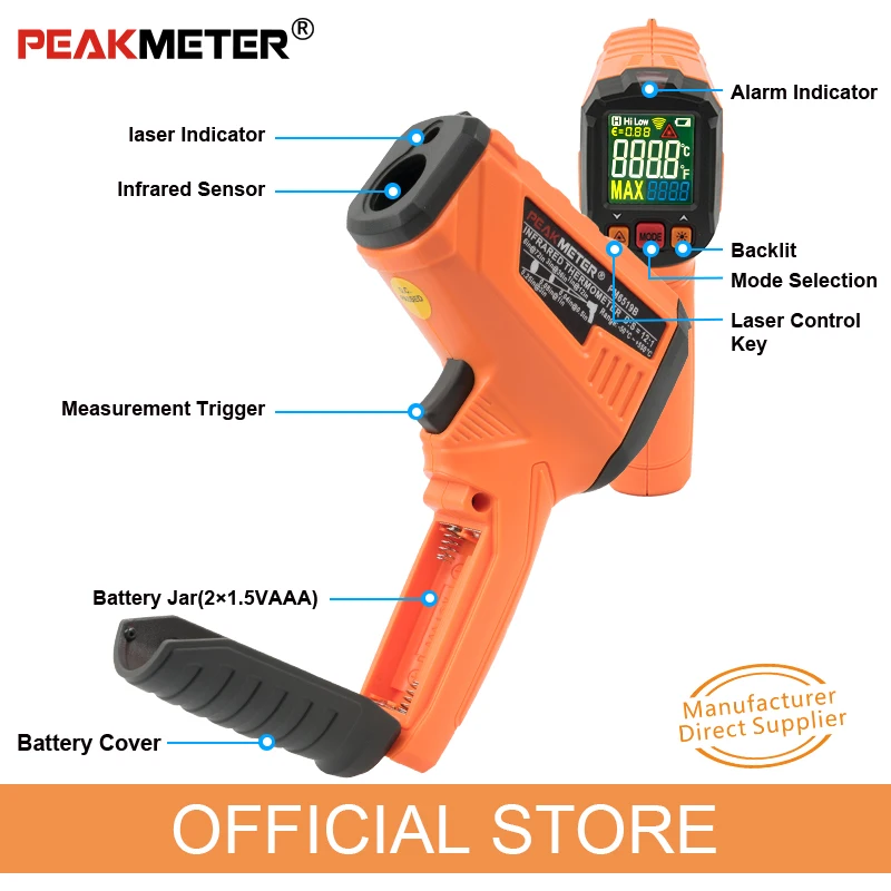 PEAKMETER PM6519B лазерный lcd цифровой ИК инфракрасный термометр измеритель температуры пистолет точечный-50~ 500 градусов Бесконтактный термометр