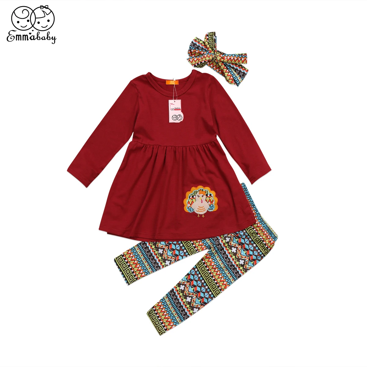 

2018 cute Kids Baby Girls Turkey Outfits Clothes sets long sleeve red Dress Tops +floral print Pants+headband 3pcs outfits set