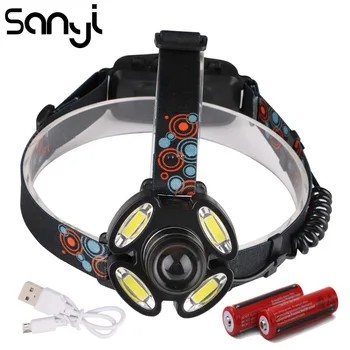 

SANYI 1*T6 &4*COB Headlamp Zoomable T6 Head Flashlight LED Forehead Lamp Camping Hunting Headlight 2*18650 Batteries