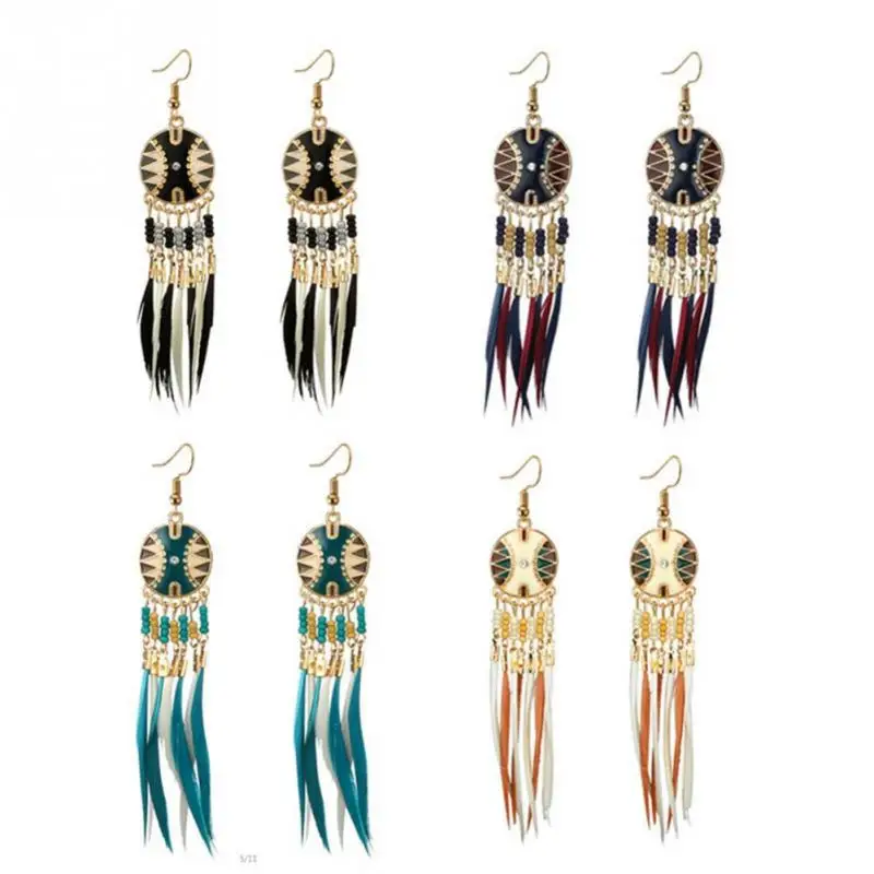 

Indian Jewelry Dream Catcher Long Feather Earring Ethnic Water Drop Earring For Women Bohemia Colorful Beads Tassel Jewelry Boho