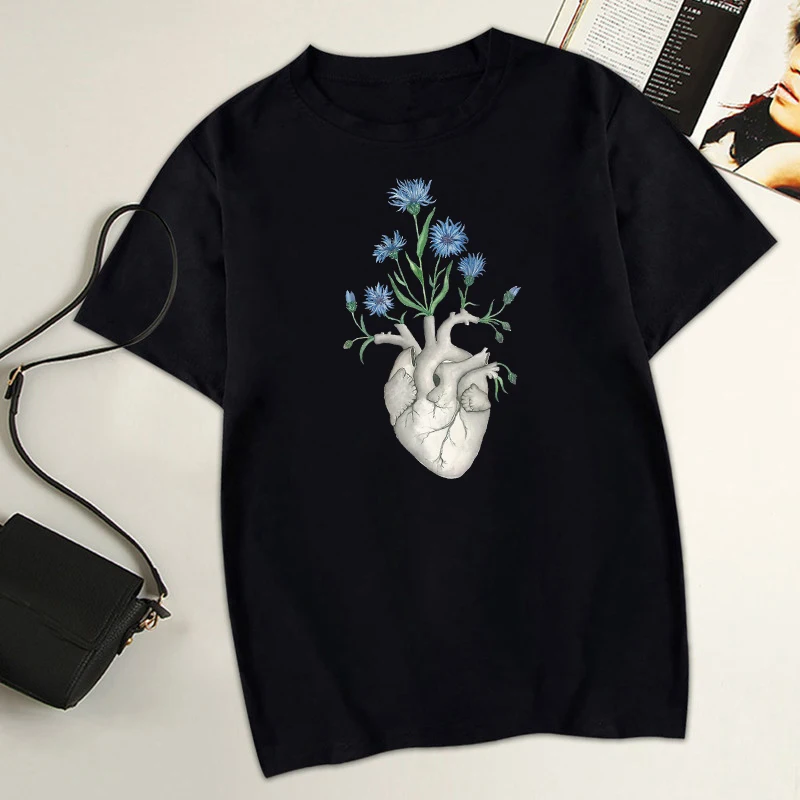 

Vogue T-shirt Women Floral Heart Girl T Shirt Summer Cotton Black Tops Casual Tees Human Anatomy Cornflower Hipster T Shirt