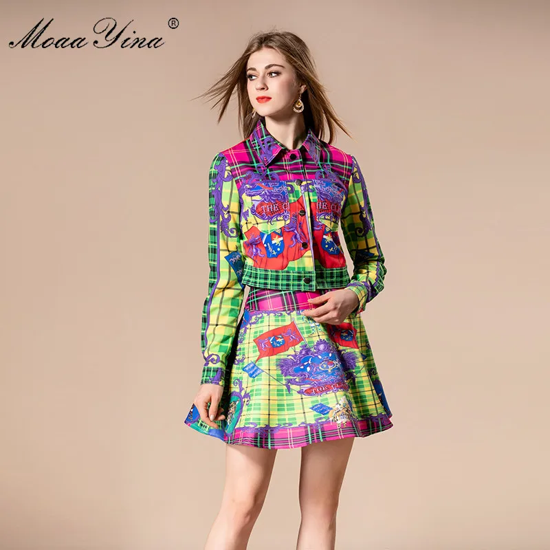 MoaaYina 2018 Fashion Designer Set Autumn Women Turn-down Collar Plaid Floral Print loveliness Elegant Tops+Sexy Mini Skirt Suit Women's Sets