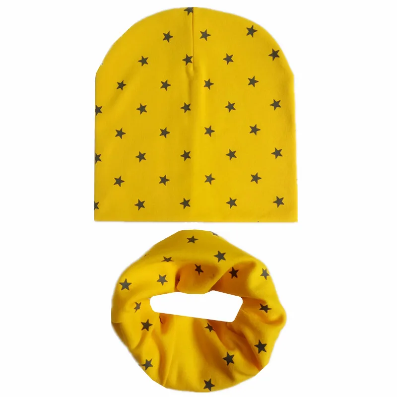 Модные детские шапки, Комплект Шапочки для мальчиков и девочек с рисунком звезды, весенние теплые детские вязаные шапки с воротником, хлопковые детские шапки, шарф - Цвет: yellow