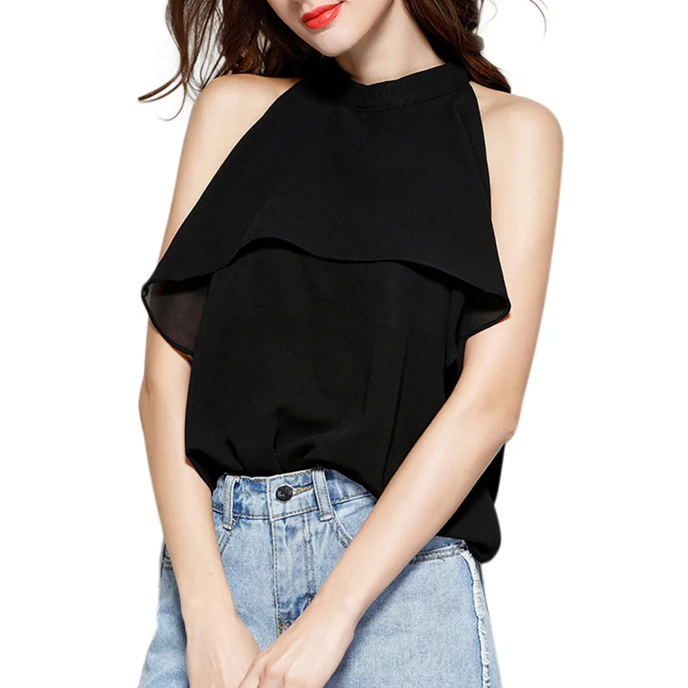 Womail 2019 Women Fashion Conservative business Chiffon Solid Halter Flare Ruffles Turtleneck Blouse Top Shirts Tank Vest W30320
