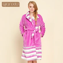 Бросился Твердые Полный Халат Qianxiu Марка S Зима Сгущать Коралловый Халат Женщины Плюс Размер Длинные Полосы Халат