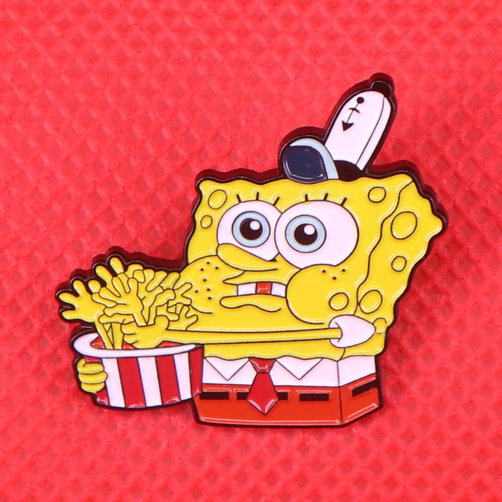 Губка Боб попкорн в руках значок meme булавки милый брошка мультфильм Забавный креативный подарок куртки рюкзак аксессуары