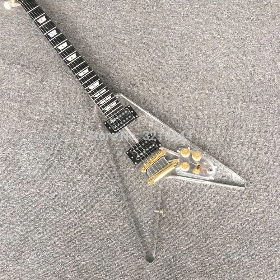 Acrylic main bearing body electric guitar, transparent body and rosewood fingerboard, white leds, guitar, gold hardware