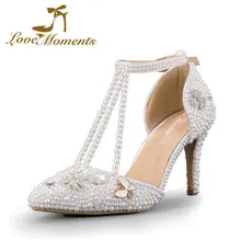 Love moments kristall diamant perle sandalen spitz weiße hochzeitsschuhe für braut frauen pumpt kleid party schuhe high heels