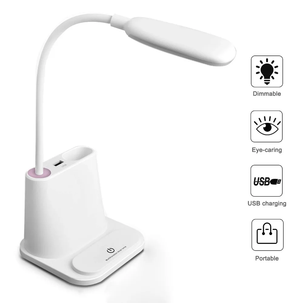 

Rechargeable Led Table Touch Lamp Desk Lamps USB Flexible Reading Light for Children With Phone Hoder Pen Holder,White