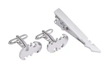 

WholeSale 10Sets/lot Batman Cufflinks + Tie Clip Sets Silver Bat Man Cuff Link Tieclip set High Quality Brass Copper Jewlry Man