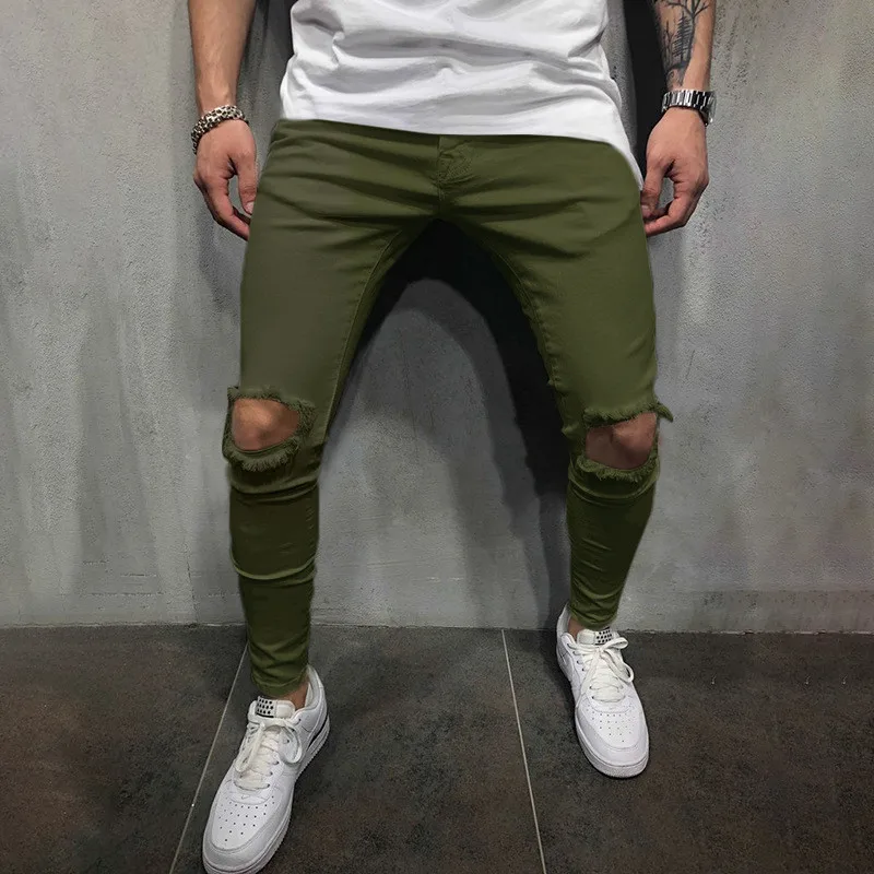 2018 Newest Fashion Men's Hole Casual Pencil Pants Mid