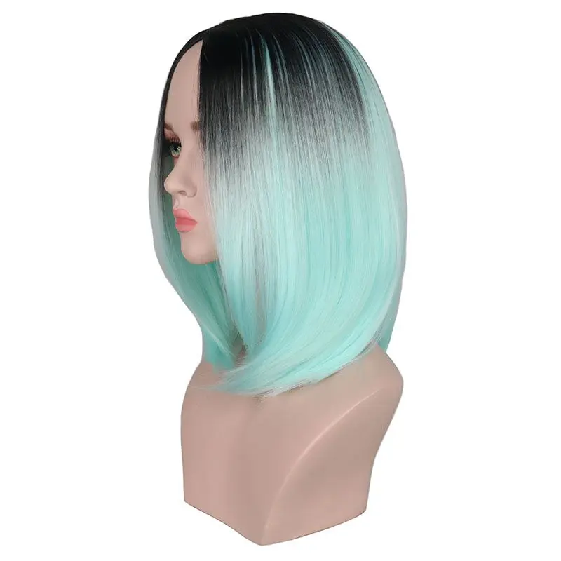 

QQXCAIW Two Tones Ombre Wig For Women Short Bob Straight Cosplay Black To Grey Pink Green Heat Resistance Synthetic Hair Wigs