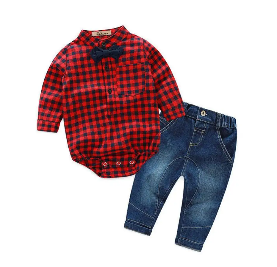 Baby Boys Clothes Set Long Sleeve Plaid Tops Shirt + Jeans Pants Outfits Baby Boy Fashion