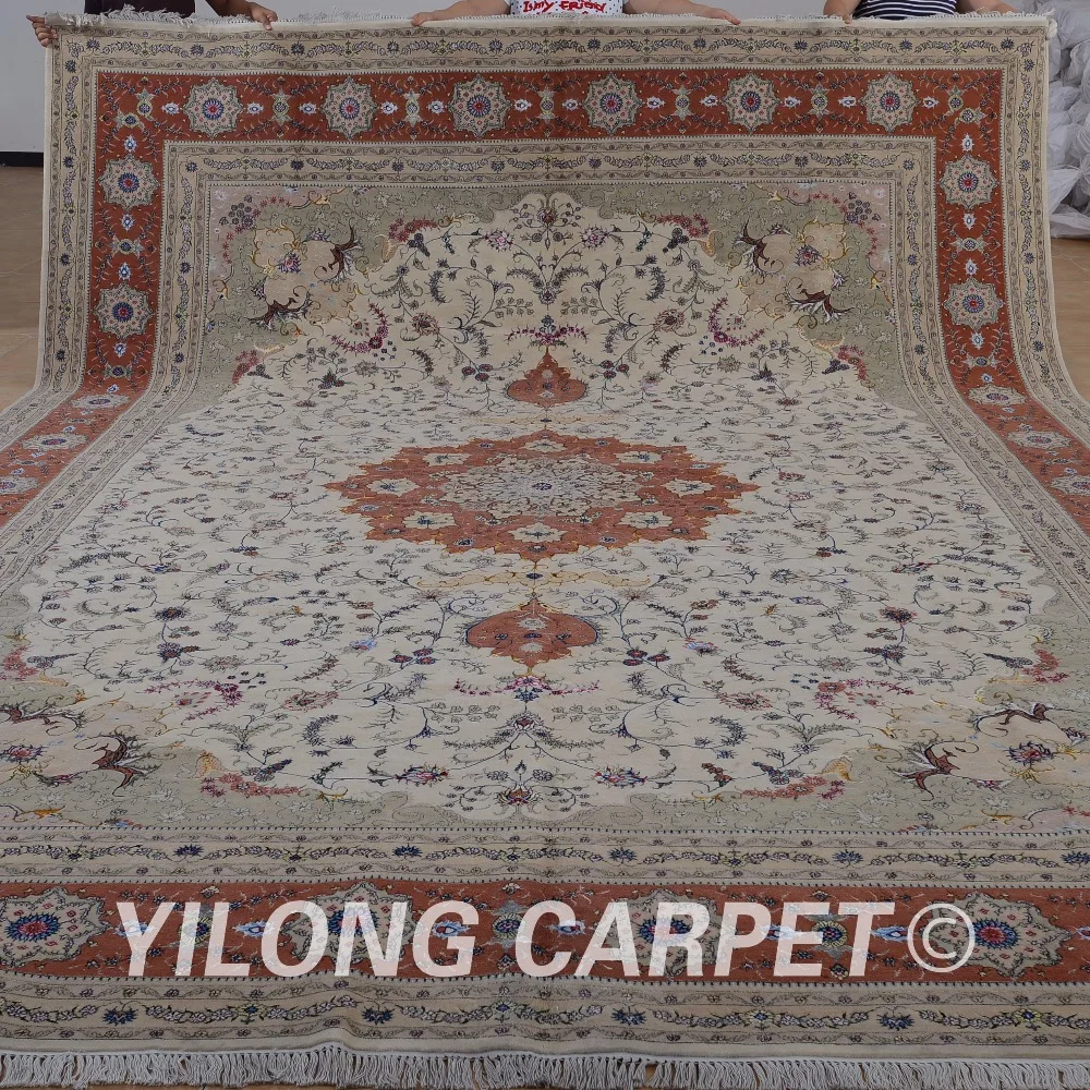 Yilong 11'x15' Персидского шерсть толстый ковер бежевый и розовый цвет изысканный Шерсть Шелк персидский ковер (1511)