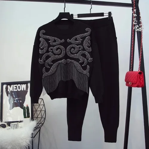 Новые осенние и зимние женские бусины кисточки с длинным рукавом трикотажные свитера+ повседневные длинные штаны женский костюм из двух предметов - Цвет: Черный