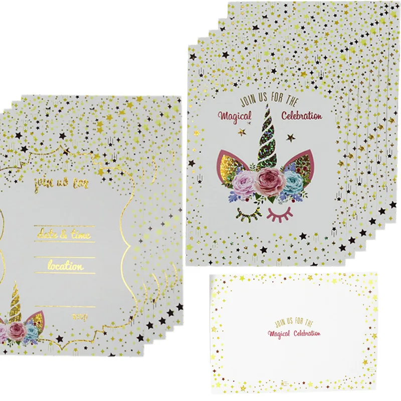 

2019 New Unicorn Design 6/10pcs a lot cards and Envelopes Invitation Card for kids Birthday Party wedding holiday Supply