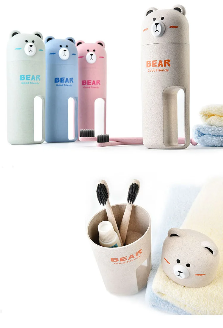 XZJJA, Пшеничная солома, милый медведь, аксессуары для ванной комнаты, наборы для путешествий, набор для мытья чашек, портативная зубная щетка, зубная паста, коробка для мытья полоскания, костюм