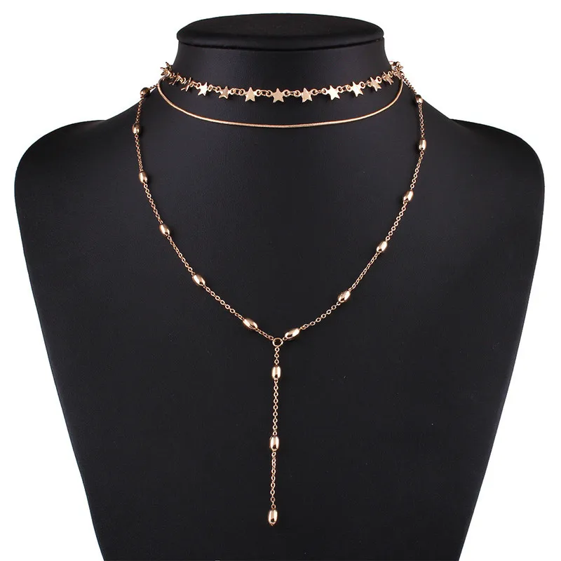 Exquisite Star Pendant Necklace Long Chain Heart Shape Multilayer