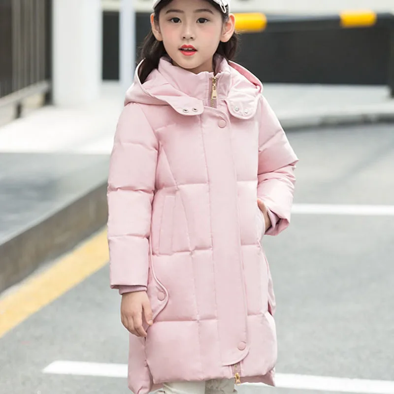 

high quality solid long hooded white duck down jackets for teenage baby girls winter warm outerwear coats kids tops clothing