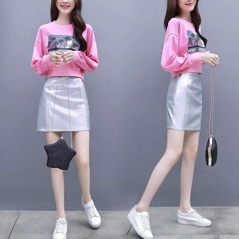 

Woman's sets 2019 autumn new fashion temperament ladies slim short sweatshirt shirt with Leather Mini skirt two-piece set women