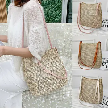 

Women Ladies Shoulder Bag Woven Rattan Straw Simple Solid Casual Beach Holiday Shopping Hanging Out Satchel Handbag Bucket Bag