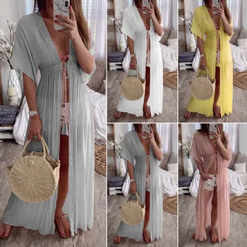 

Sexy Summer Bikini Women Chiffon Swimwear Cover Up Lace Half Sleeve Solid Color Long Dress Bikini Beach Wear S-XL