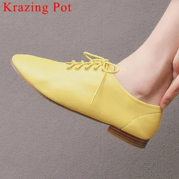 

2019 comfortable daily wear lace up genuine leather low heels hand-sewn leather loafers vintage driving shoes dating pumps L01