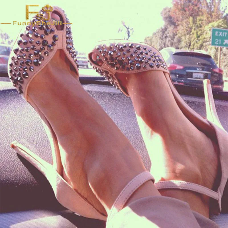 

Women Shoes Ladies Pumps Blush Vegan Suede Studs Shoes Stiletto Heel Ankle Strap 2018 Spring Autumn Plus Size Shoes11 12 13