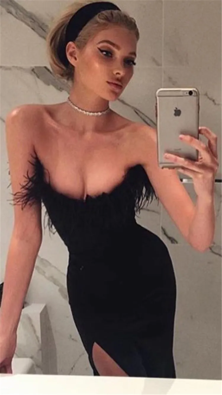 

2019 One-shoulder feather tube top bandage dress Sexy evening Party Bodycon wholesale womens clothing autumn spring Winter s