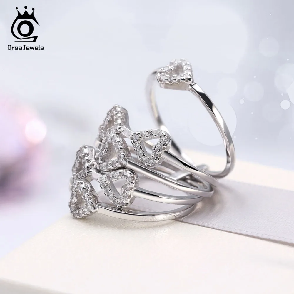 

ORSA JEWELS Silver Color Love Shape Rings For Women Heart AAA Cubic Zircon Fashion Ring For Lady Jewelry Accessories Gift AAOR87