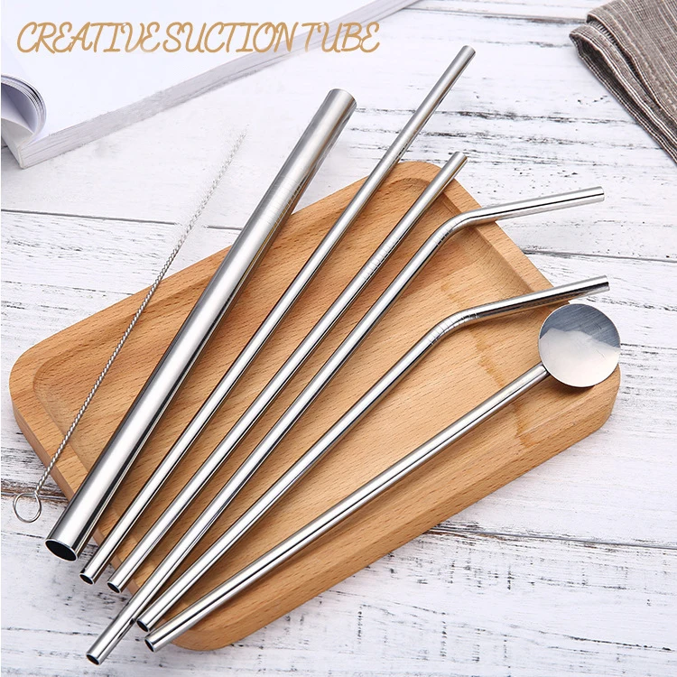 

Reusable Metal Drinks Straw Spoon Stainless Steel Party Sturdy Coffee Pipette Spoon Set with Cleaning Brush and Velvet Package