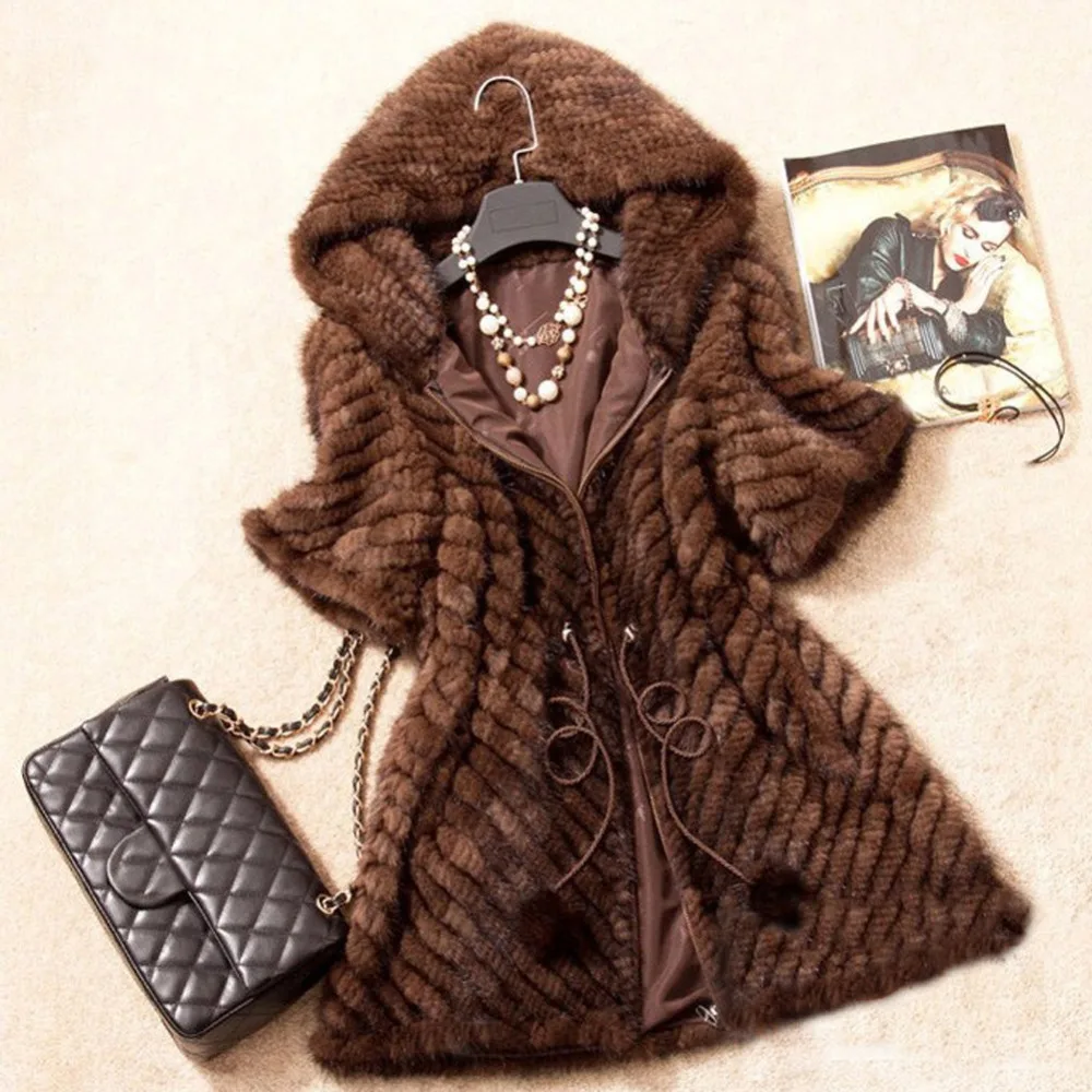 QUEENFUR New Real Knit Mink Fur Jacket With Hood Winter Warm Genuine