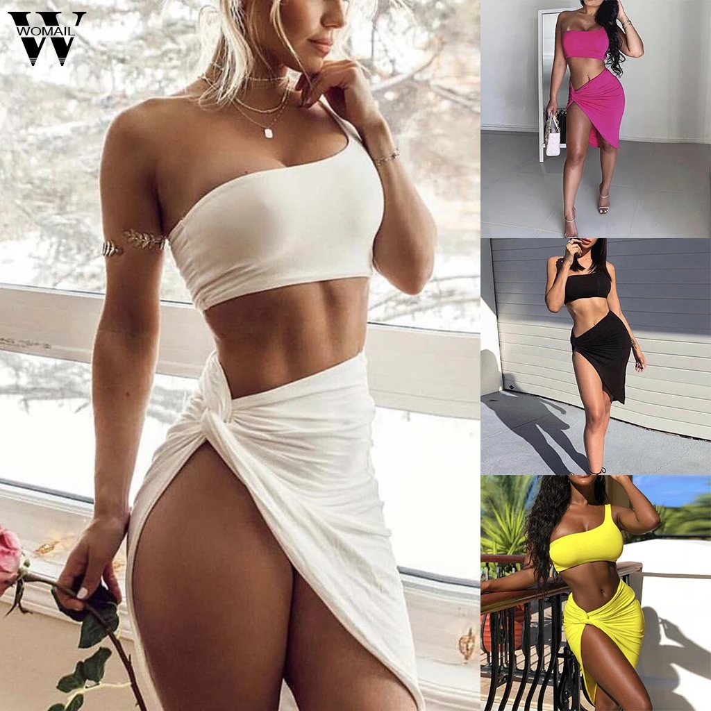 

Womail Summer tracksuit Women Set 2PCS Sexy Sleeveless Off Shoulder Tights Slim Suit Top+skirt Set Simplicity holiday Beach J624