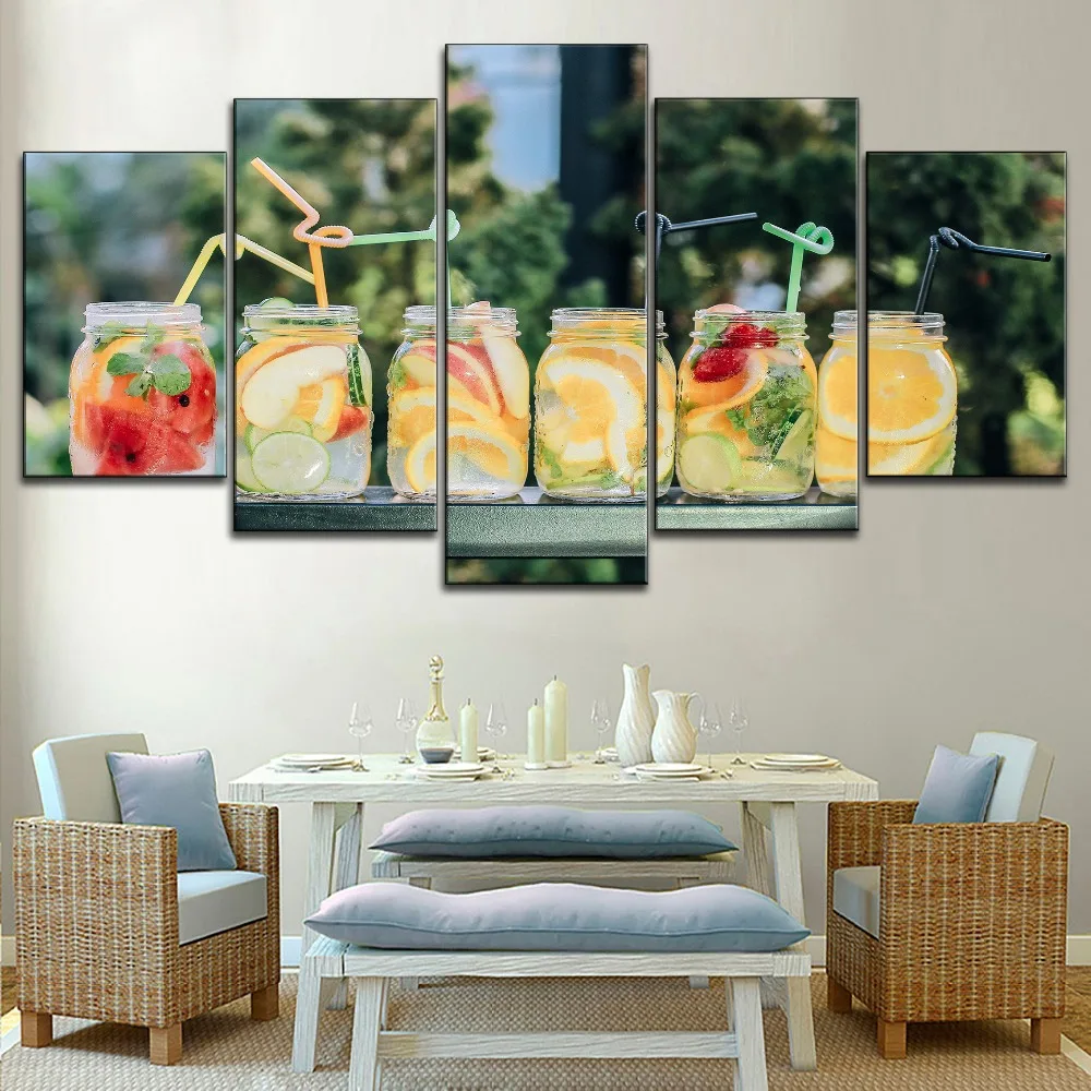 

Framed 5 Piece Canvas Painting Summer Dessert Fruit Tea Type Posters Modern A Dessert Shop or Restaurant Decorative Wall Artwork