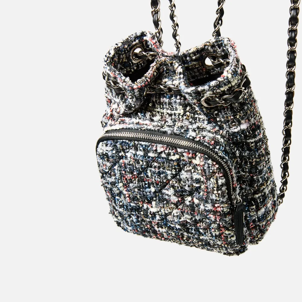 

Weave Wool Leather Mini School Bags Lady Ladies Chain Mini Shoulder Bag Luxury Design Branded Backpack Drawstring Bag