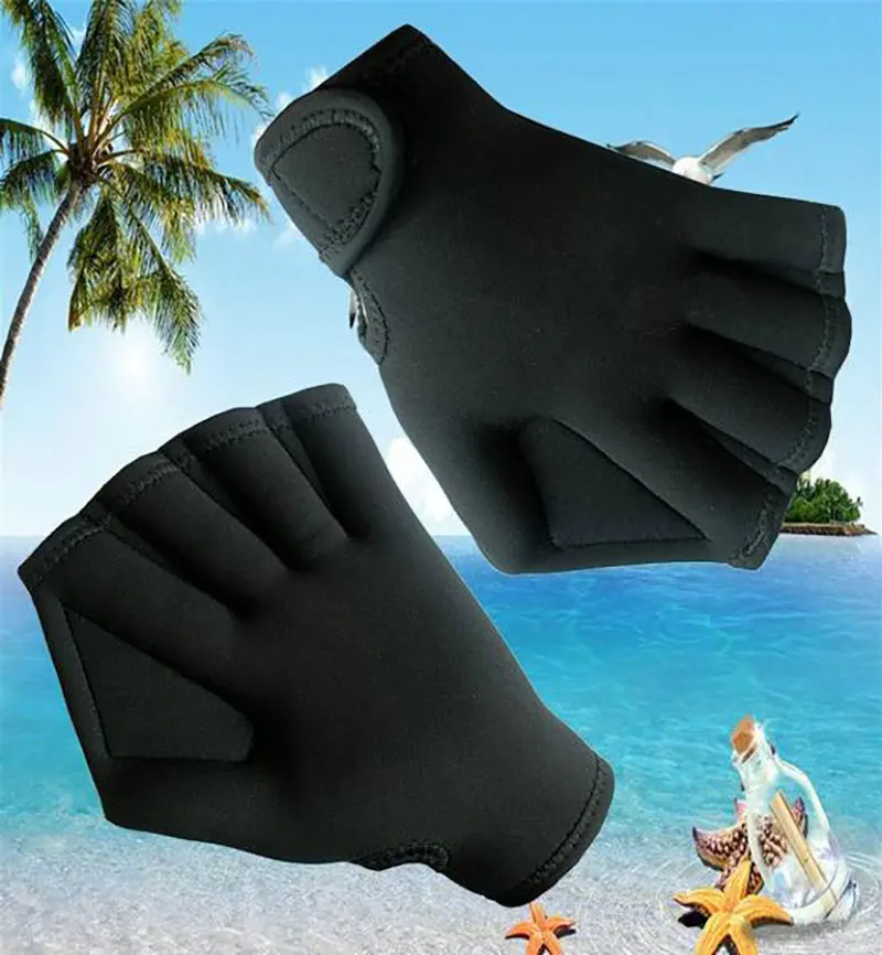 2 шт. перчатки для плавания для водного фитнеса, перчатки без пальцев, перчатки для ручного инструмента, защитный ремешок на запястье для водостойких тренировок - Цвет: Черный