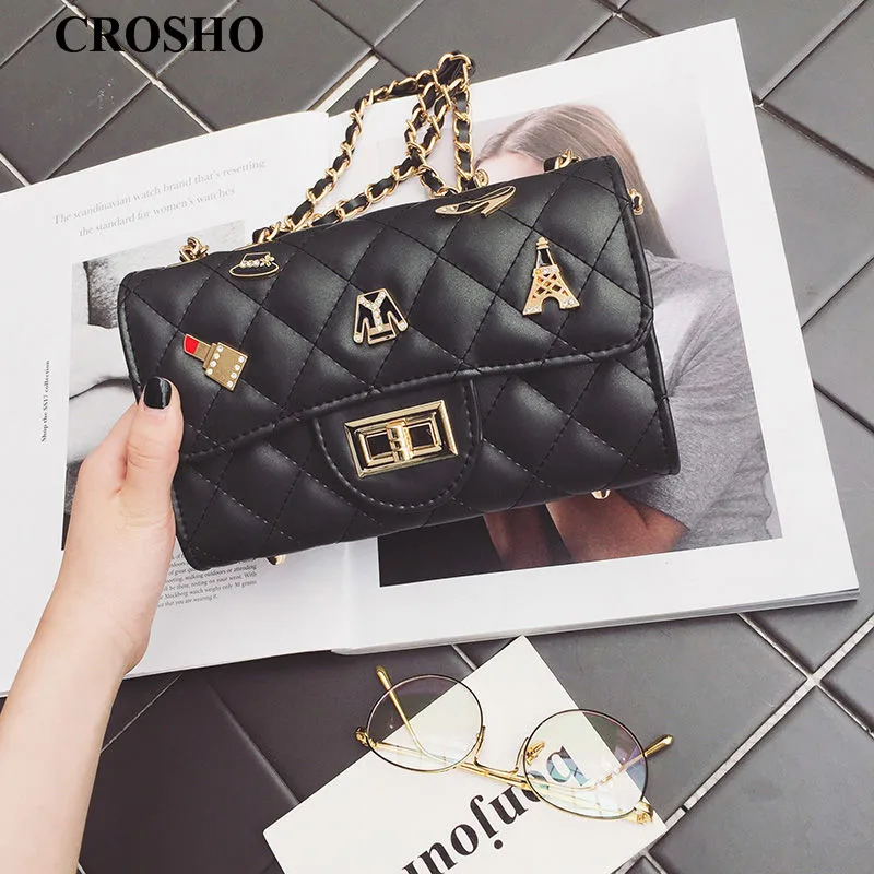 

CROSHO Badge Diamond Case Chain Bag Embroidered Line Lipstick Medal Small Square Bag Single shoulder Cross Bag