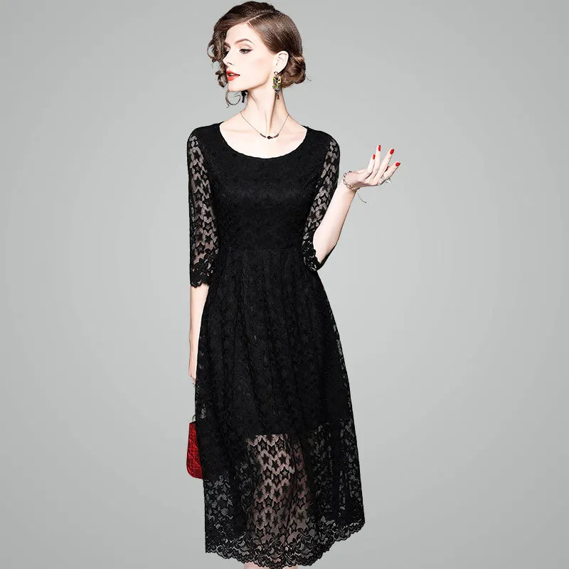 Women fashion little black lace dress 3/4 sleeve knee length pleated