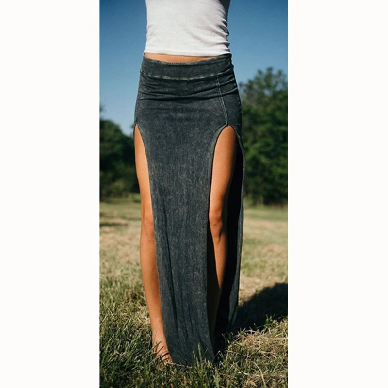 Сексуальная Женская юбка с высоким разрезом летние длинные юбки Женская длина голеностопного сустава юбка Saias женские юбки