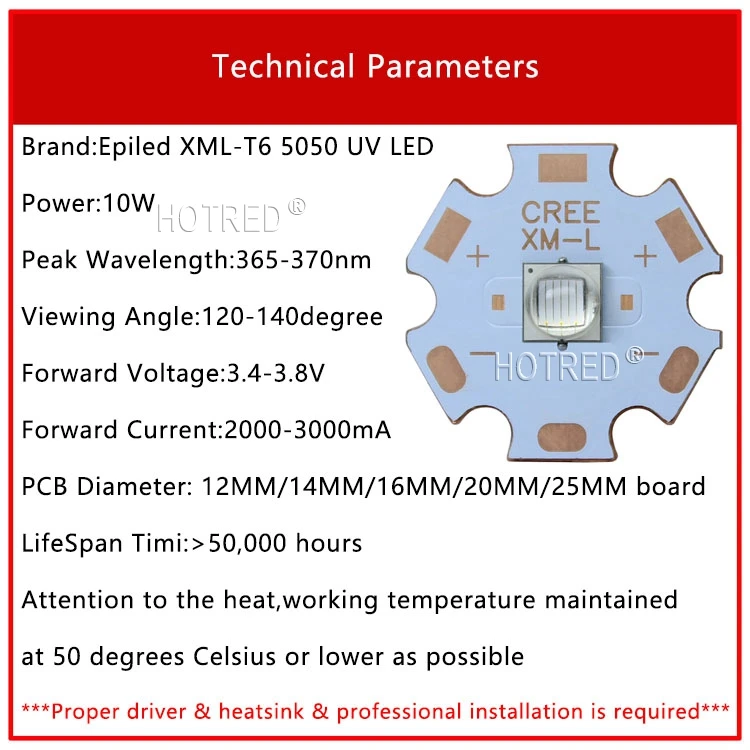 1 шт. Epileds 5050 XML XML2 T6 10 Вт УФ фиолетовый 395nm 400nm 365Nm светодиодный излучатель светильник 3,4-3,8 в 2800mA с 16 мм 20 мм печатной платы
