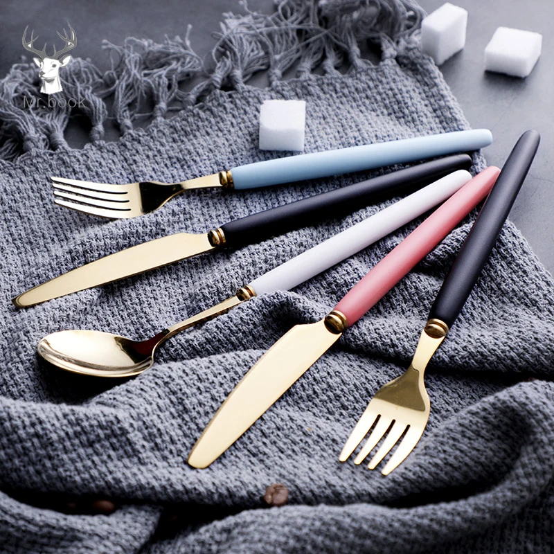 

Creative Ceramic Handle Stainless Steel Cutlery Noble Fork Knife Coffee Spoon Dessert Dinnerware Gold Tableware Fork Knive Spoon