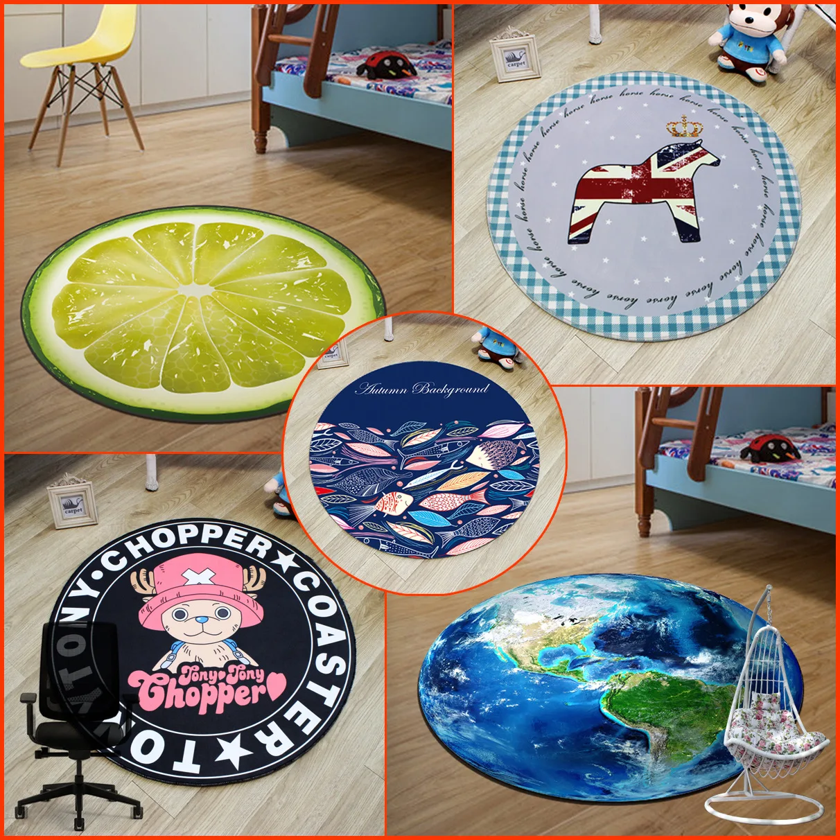 Earth World Map Fruit Funny Cat Cartoon Large Area Rug For Kids Children Bedroom Round Carpet