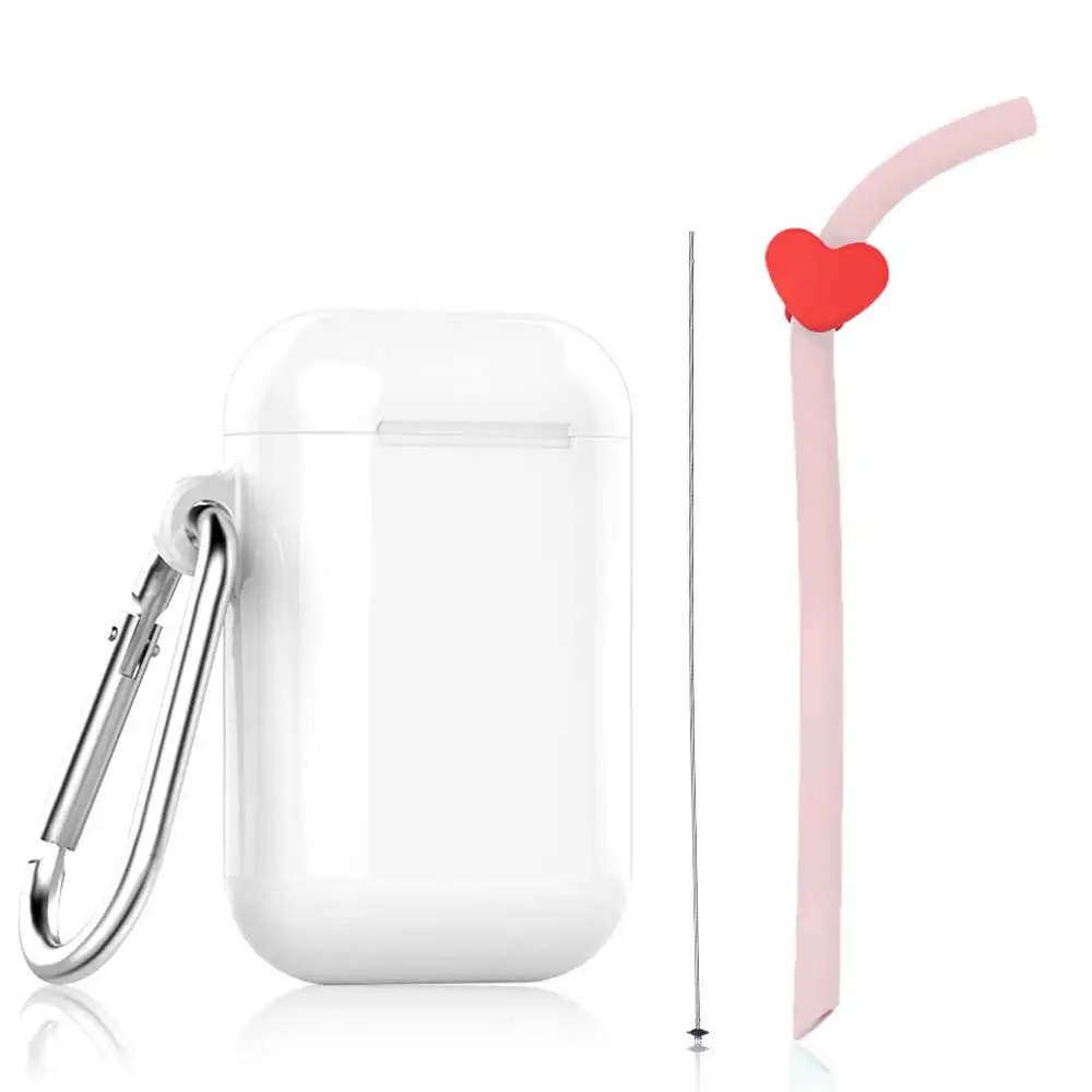 Портативная Складная Силиконовая соломинка для питья декор в виде сердца многоразовая Складная изогнутая соломинка с чистящей щеткой и футлярами для путешествий - Цвет: Pink