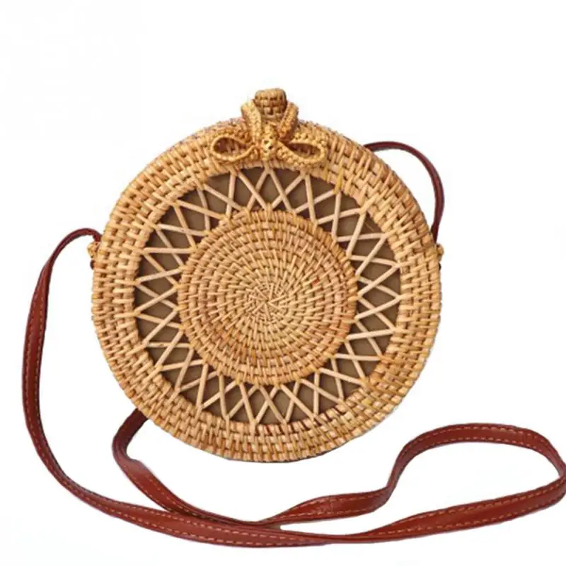 

Woven Rattan Bag Round Straw Shoulder Bag Women Summer Travel Beach Hollow Handmade Vintage Pentagram Bow Bags for Girl