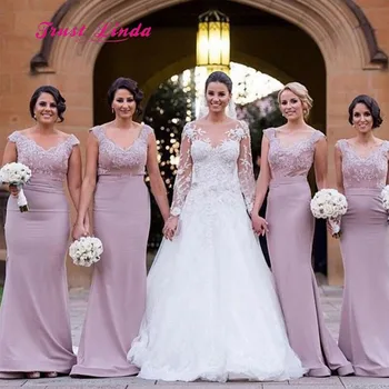 

Robe Demoiselle D'honneur Pour Femme Maid Of Honor Dresses For Weddings Cap Sleeves V Neck Floor Length Pink Bridesmaid Dress