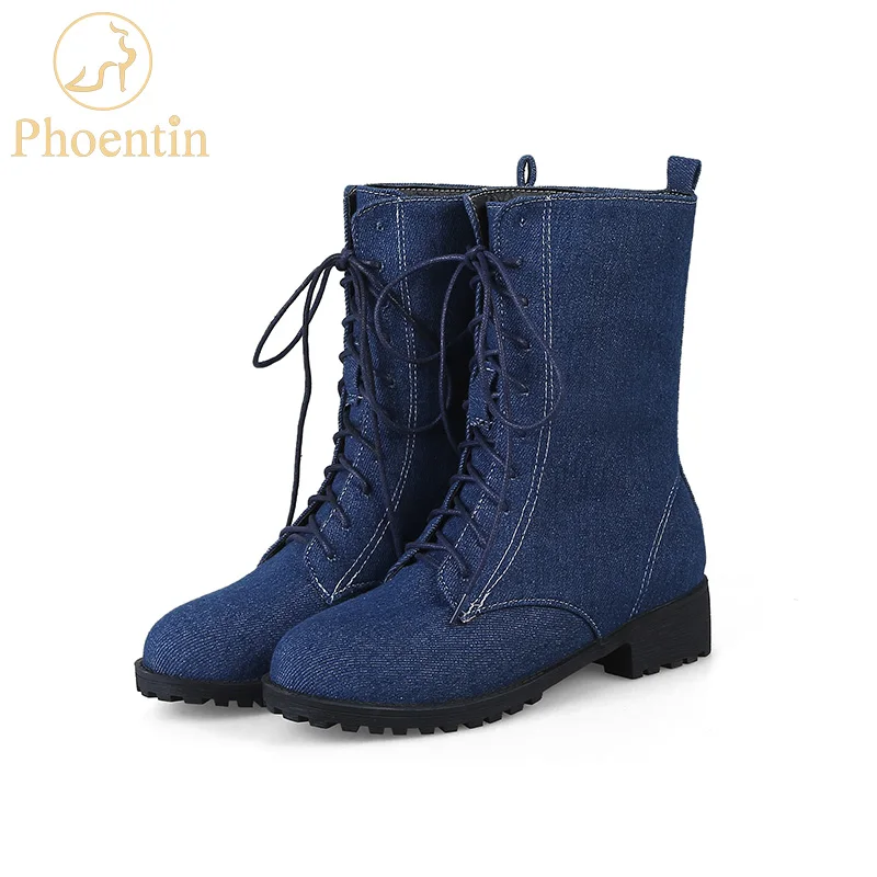 Phoentin/женские джинсовые ботинки до середины икры на шнуровке короткие женские зимние ботинки синего цвета на плоской подошве средней высоты джинсовая проклеенная женская обувь FT155 - Цвет: Dark blue