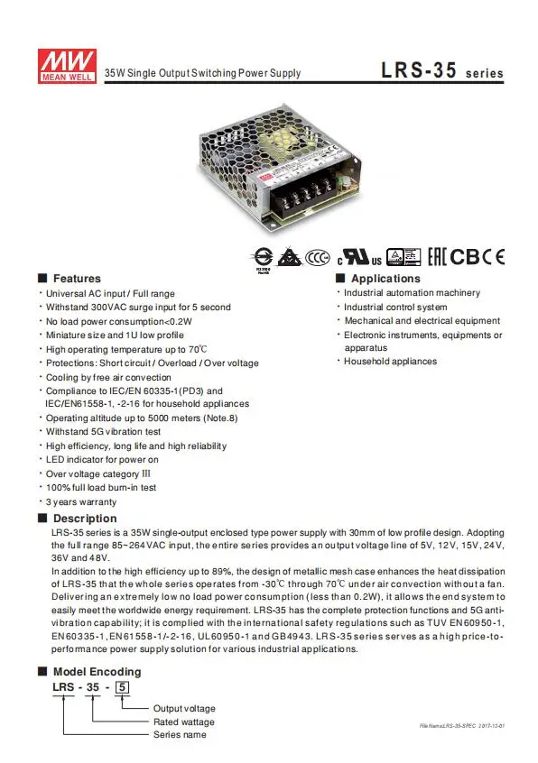 MEAN WELL LRS-35-12 5 в 12 В 15 в 36 в 48 в meanwell LRS-35 5 12 15 24 36 48 в 35 Вт одиночный выход импульсный источник питания
