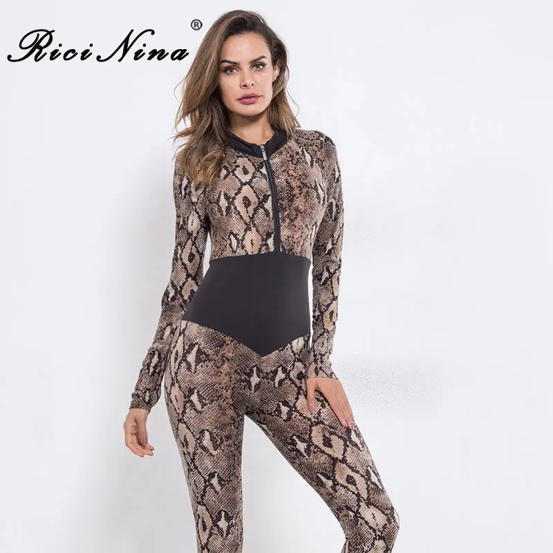 

RICININA Deep V Neck Sexy Bandage Rompers Women Jumpsuits Autumn Long Sleeve Empire Snake Skin Patchwork Casual Rompers