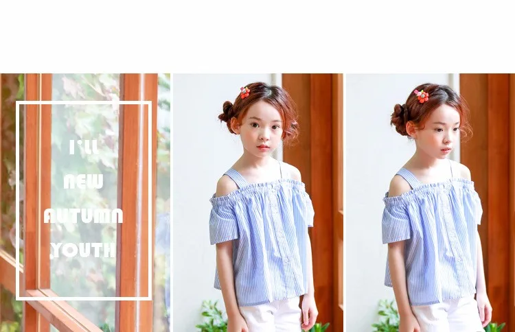 blue striped baby teenage girls shirts princess off shoulder loose cute teenage shirts Korean style spring summer autumn tops (21)